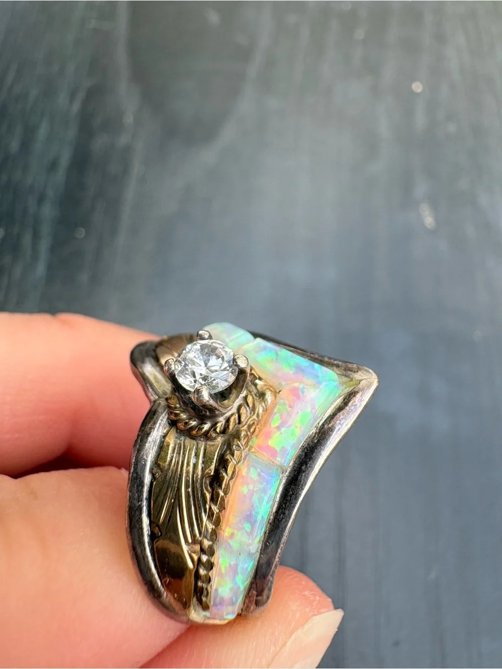 Vintage S. Ray Sterling Silver Ring with Opal and Clear Stone - Size 8.5